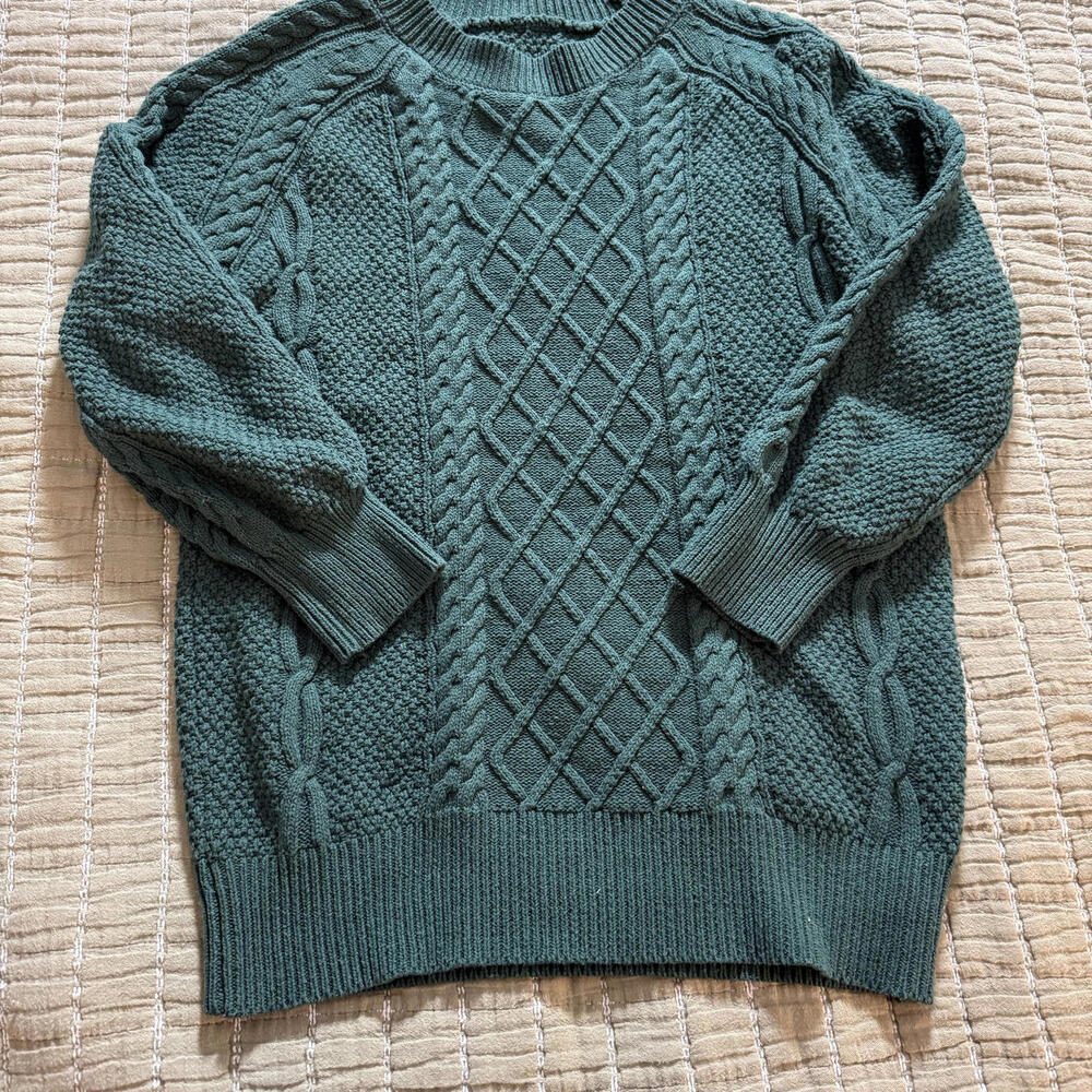 Irish Cable Knit Crew Neck Sweater‎ Hunter Green Mns SZ M 100% Acrylic CabinCore